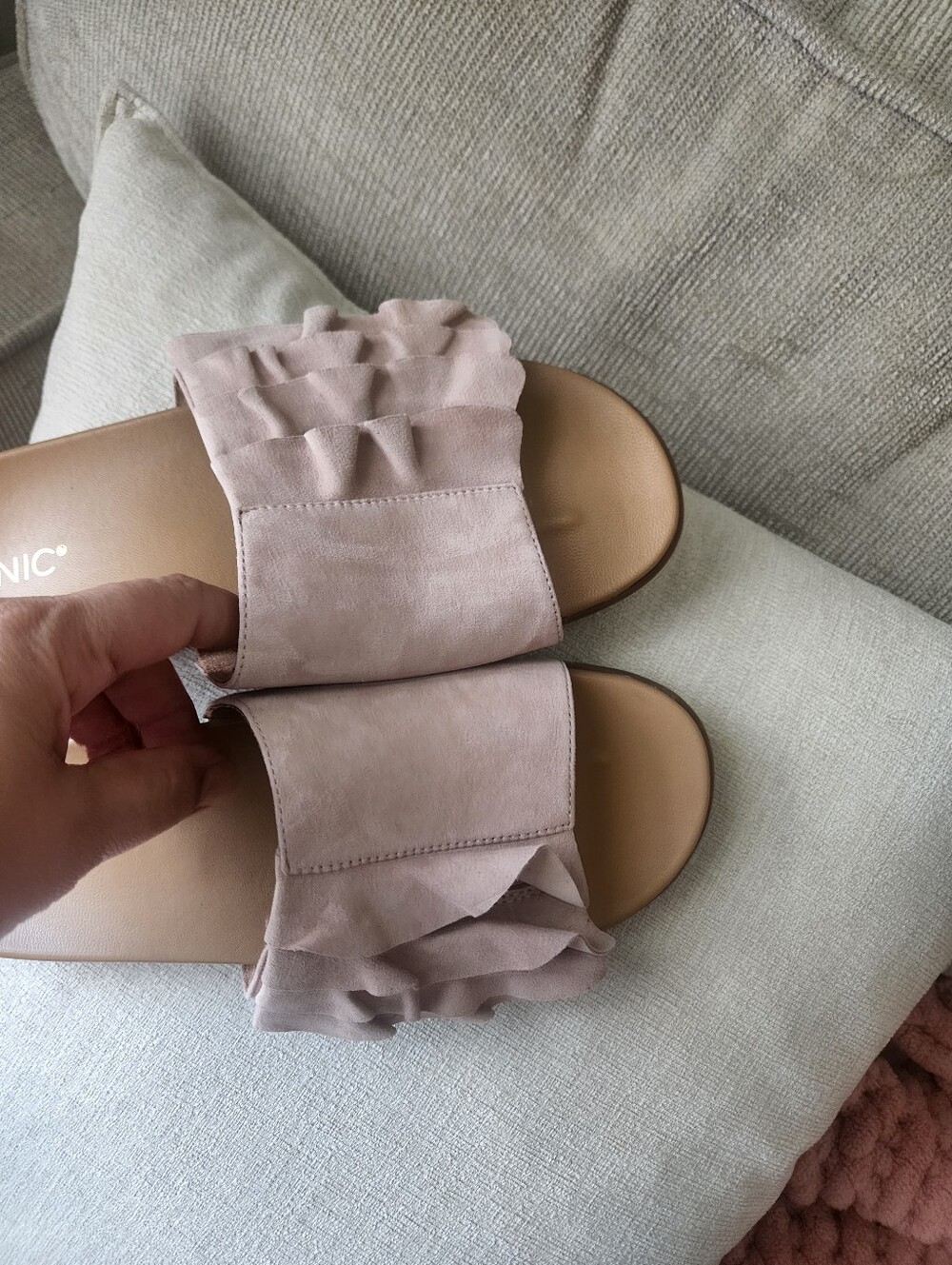 Vionic Taupe Ruffle Slide Sandals - Picture 3 of 7